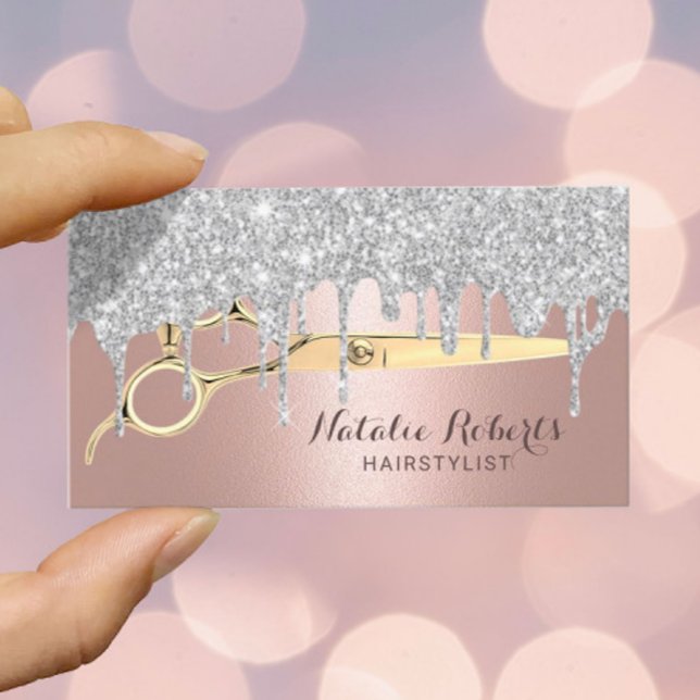 Hair Stylist Silver Drips Rose Gold Beauty Salon Business Card (Creator Uploaded)