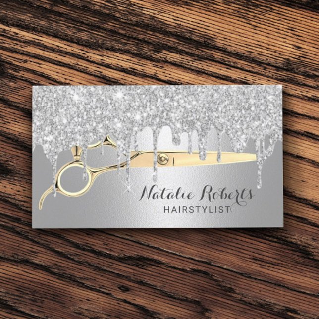 Hair Stylist Silver Glitter Drips Beauty Salon Business Card (Creator Uploaded)