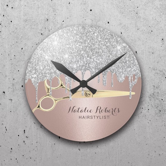Hair Stylist Silver Glitter Drips Rose Gold Salon Round Clock (Creator Uploaded)