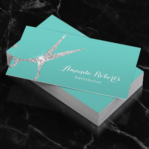 Hair Stylist Silver Glitter Scissor Salon Teal Business Card