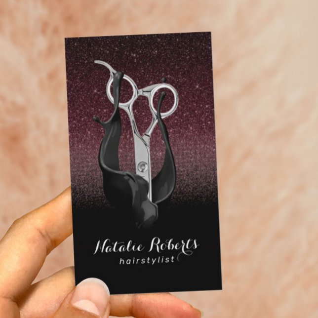 Hair Stylist Silver Scissor Burgundy & Black Ombre Business Card (Creator Uploaded)