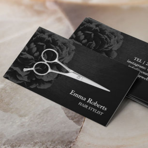 Hair Stylist Silver Scissor Elegant Black Floral Business Card