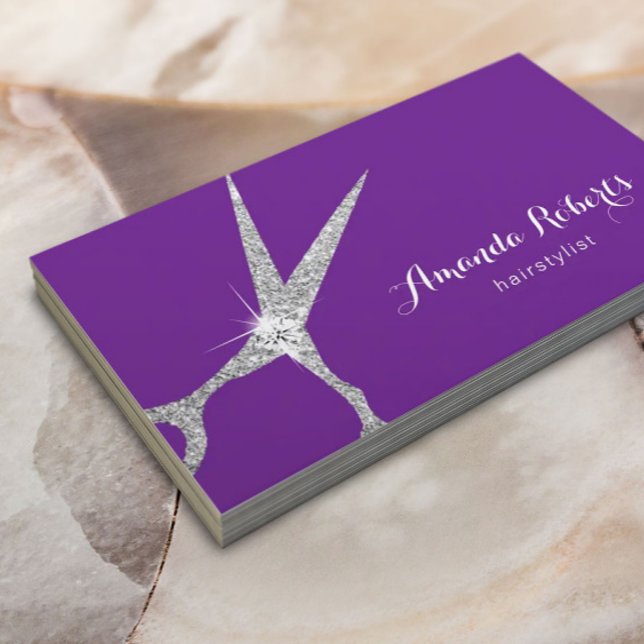 Hair Stylist Silver Scissor Modern Purple Salon Business Card (Creator Uploaded)