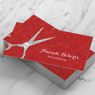 Hair Stylist Silver Scissor Modern Red Salon Business Card