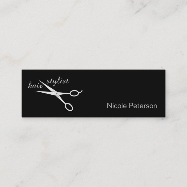 Hair Stylist - Silver Scissors black background Bu Mini Business Card (Front)
