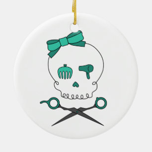 Hair Stylist Skull & Scissor Crossbones -Turquoise Ceramic Ornament