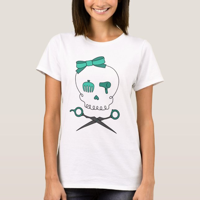 Hair Stylist Skull & Scissor Crossbones -Turquoise T-Shirt (Front)