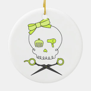 Hair Stylist Skull & Scissor Crossbones -Yellow Ceramic Tree Decoration