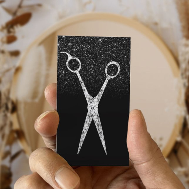 Hair Stylist Sparkling Scissor Black Glitter Salon Business Card (Creator Uploaded)
