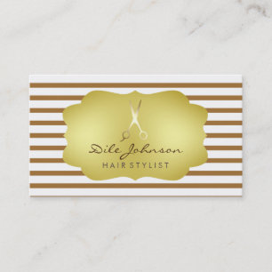 Hair Stylist Striped Gold Faux Saloon Professional Business Card