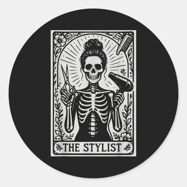 Hair Stylist Tarot Card Skeleton Cosmetology Haird Classic Round Sticker (Front)