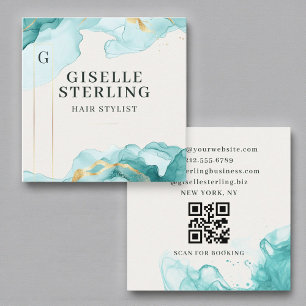 Hair Stylist Teal Blue Watercolor QR Code Square Business Card