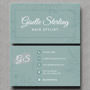 Hair Stylist Teal Floral Line Art Modern Script Business Card