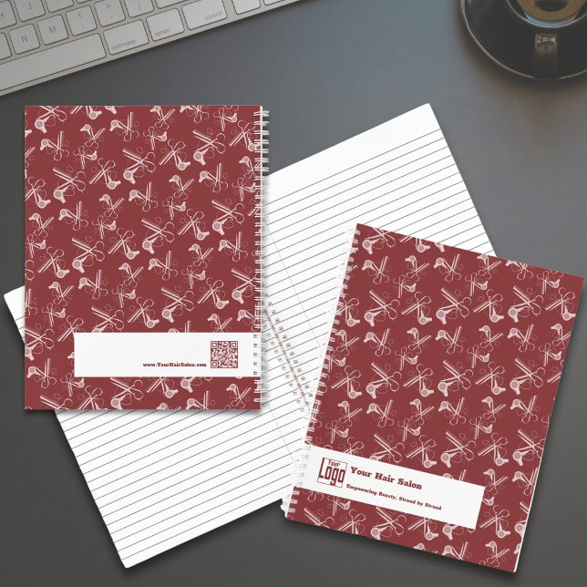 Hair Stylist Tools Pattern Burgundy Pink White Notebook (Hair Stylist Tools Pattern Burgundy Pink White Notebook Logo Name Tagline)