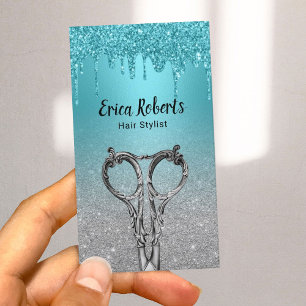 Hair Stylist Turquoise Drips Silver Glitter Salon Business Card