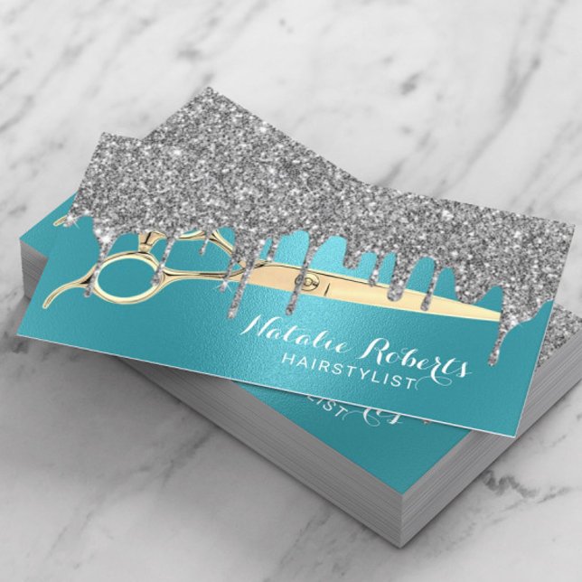 Hair Stylist Turquoise Silver Drips Beauty Salon Business Card (Creator Uploaded)