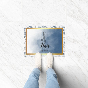 Hair Stylist Vintage Blue Floral Salon Doormat