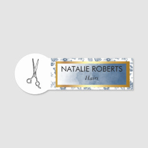 Hair Stylist Vintage Blue Floral Salon Name Tag