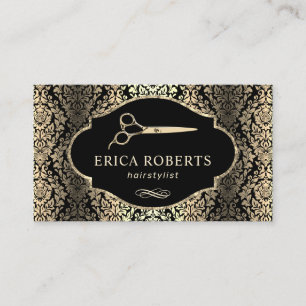 Hair Stylist Vintage Gold Damask Beauty Salon Business Card