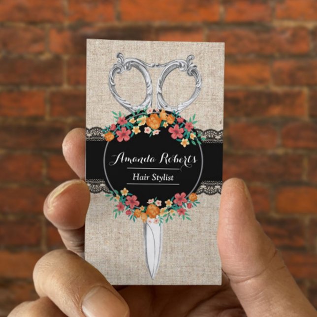 Hair Stylist Vintage Lace & Burlap Appointment Card (Creator Uploaded)