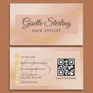 Hair Stylist Watercolor Gold Monogram QR Code Business Card