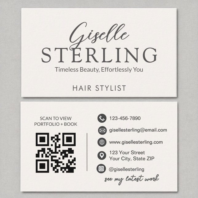 Hair Stylist White Script Modern QR Code Business Card (Creator Uploaded)