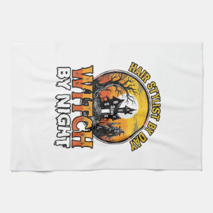Hair Stylist Witch By Night Vintage Halloween Desi Tea Towel