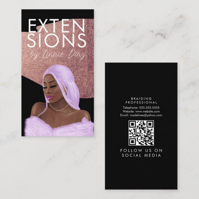 Hair Wig Extensions Braid Salon  Script Pink Gold  Business Card (Front/Back)