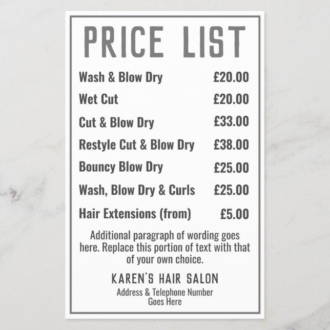 Hairdresser Hair Salon Leaflet Price List Flyer (Front)