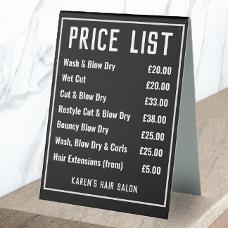 Hairdresser Hair Salon Price List