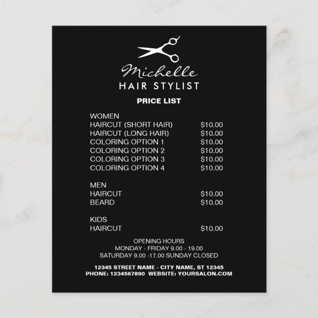 Hairdresser hair stylist salon price list promo flyer (Front)