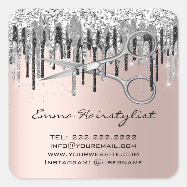 Hairdresser Hair Stylist Scissors Drips Glitter Square Sticker (Front)
