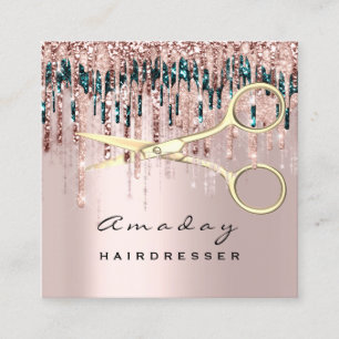 Hairdresser Hairstylist Golden Scissors Rose Drip Square Business Card