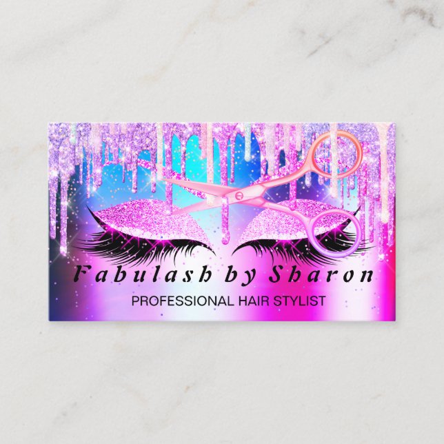 Hairdresser Makeup Eyelash Pink VIP Drips Scissors Business Card (Front)