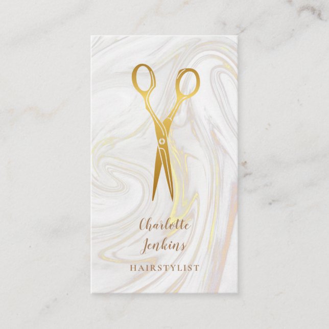 Hairdresser Marble Swirls Gold Scissors Business Card (Front)