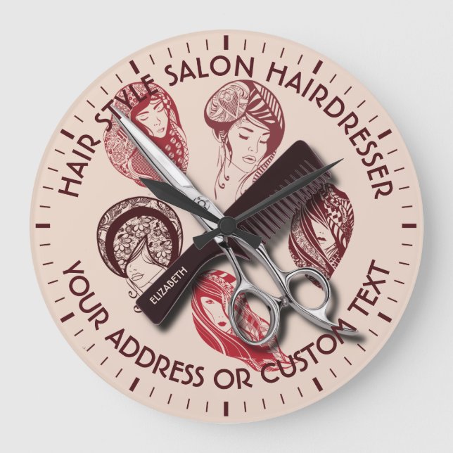 Hairdresser Or Beauty Salon Hair Stylist Name Large Clock (Front)