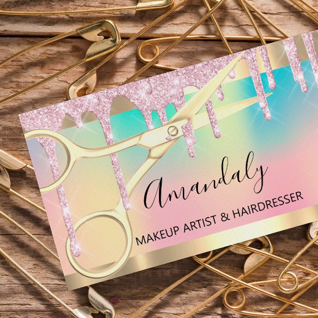 Hairdresser Scissors Pink Coiffeur Holographic Business Card (Creator Uploaded)