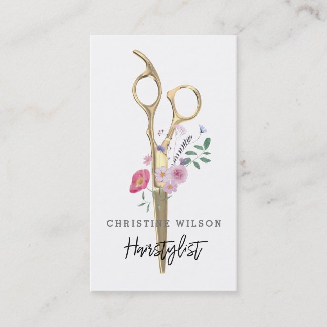 hairdresser scissors wildflowers business card (Front)