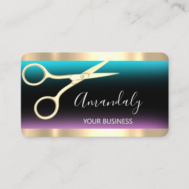 Hairdresser Stylist Coiffeur Scissors Gold Pink Business Card (Front)