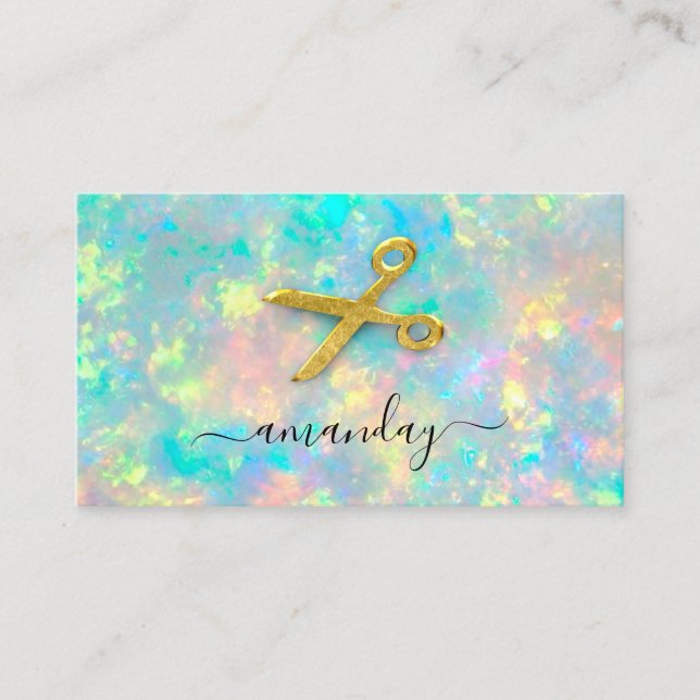 Hairdresser Stylist Gold Scissors  Holograph Opal Business Card (Front)
