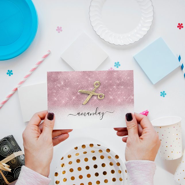 Hairdresser Stylist Golden Scissors Pink Glitter  Business Card (Creator Uploaded)