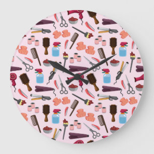 Hairdressing Tools, Seamless Stylish Pattern. Large Clock