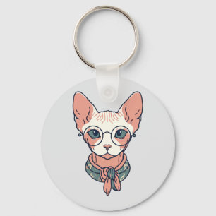 Hairless Sphynx Cat wearing glasses Key Ring