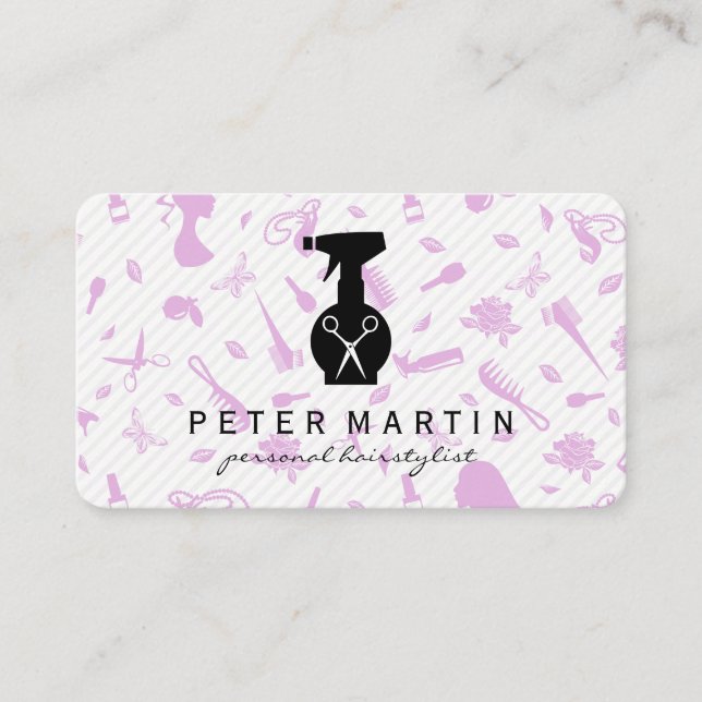 Hairspray Bottle and Scissors | Salon Pattern Business Card (Front)
