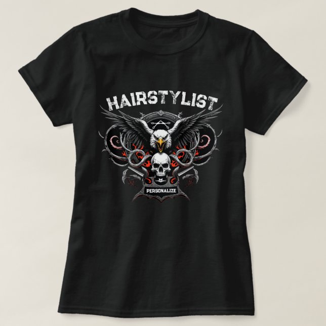 Hairstylist Eagle Skull Combs And Scissors Design T-Shirt (Design Front)