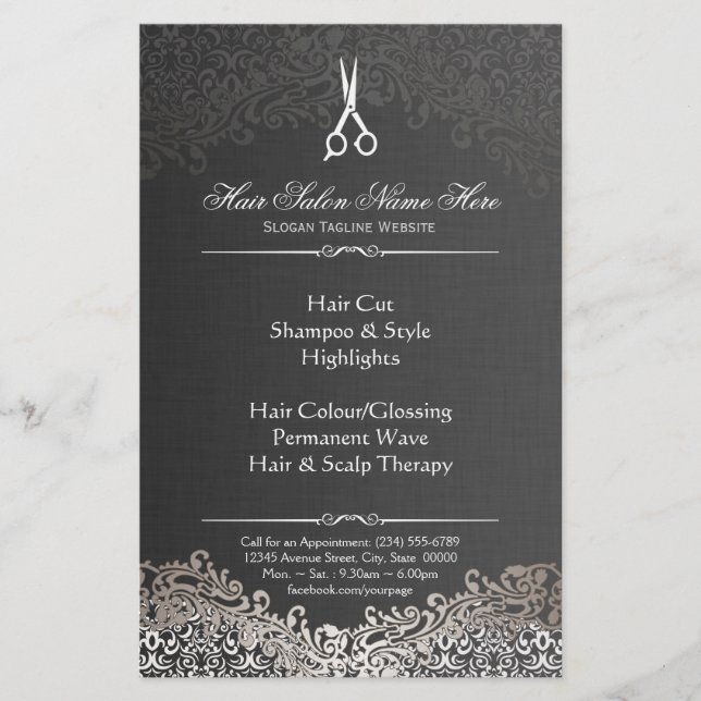 Hairstylist Hair Salon Elegant Dark Silver Damask Flyer (Front)