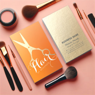 Hairstylist Makeup Salon Chic Orange Gold Scissors Business Card