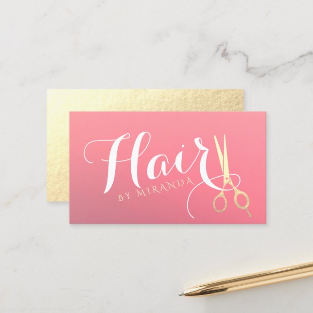 Hairstylist Makeup Salon Modern Pink Gold Scissors Appointment Card (Front/Back In Situ)