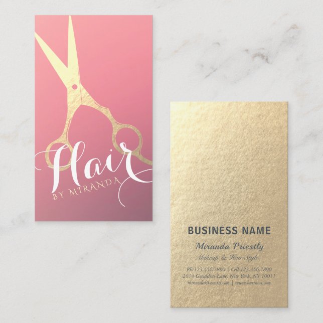 Hairstylist Makeup Salon Modern Pink Gold Scissors Business Card (Front/Back)