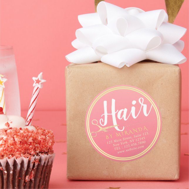 Hairstylist Makeup Salon Modern Pink Gold Scissors Classic Round Sticker (Party)